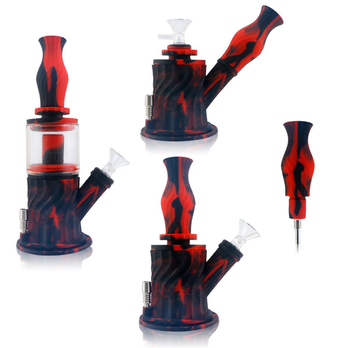 4 in 1 Silicone Water Pipe | 10" / 14mm F / Colors Vary - Image 3