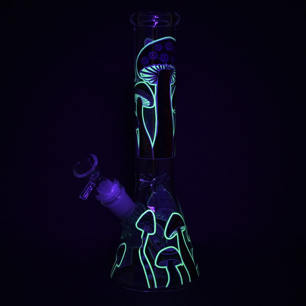 Shrooms Are Watching Glow Glass Beaker Water Pipe - 10" / 14mm F / Designs Vary - Image 3